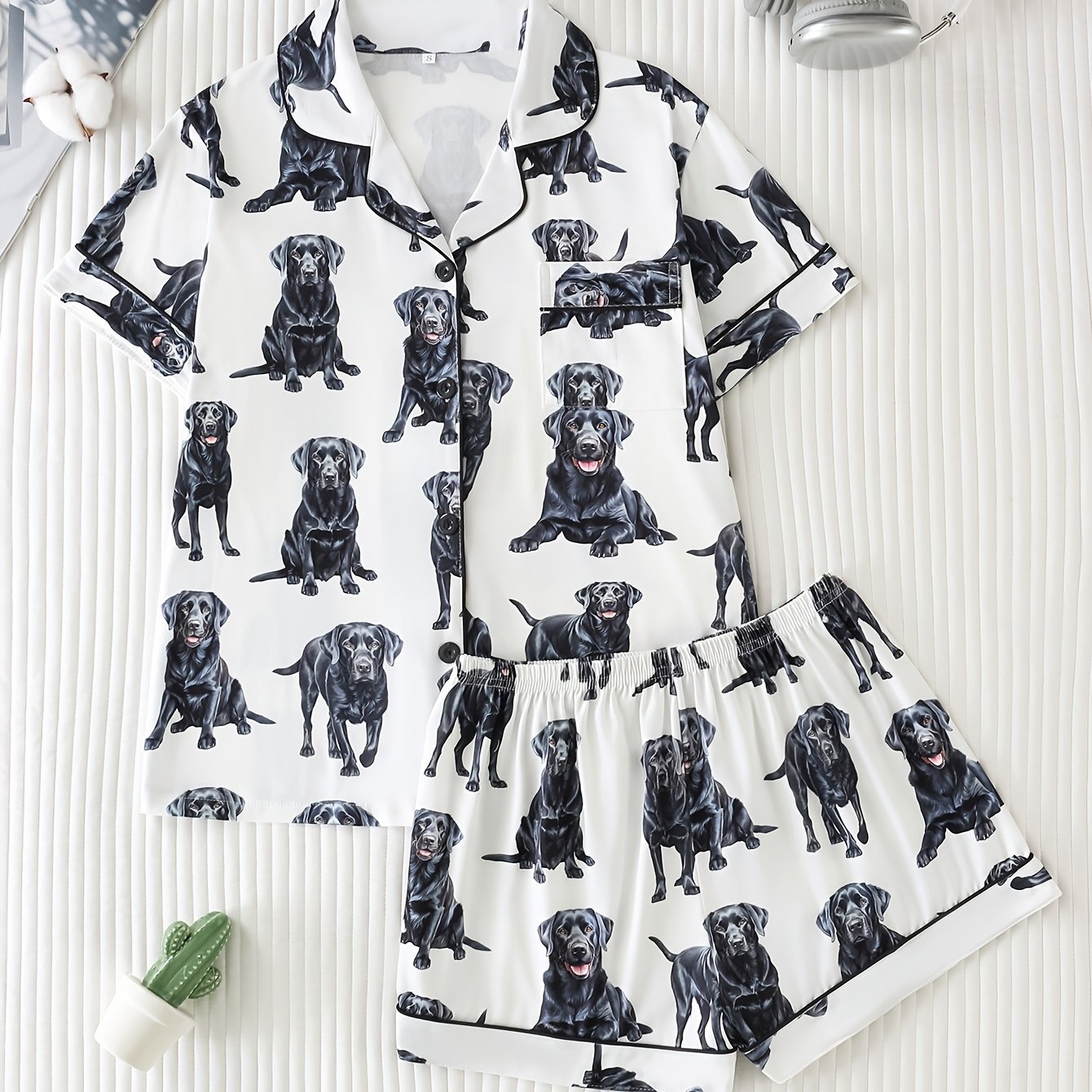 TEMU 2pcs Set Of Cute Labrador Dog Print Women's Pajamas, Premium Skin-friendly And Smooth Fabric, Loose And Lightweight Open-front Button-up Top And