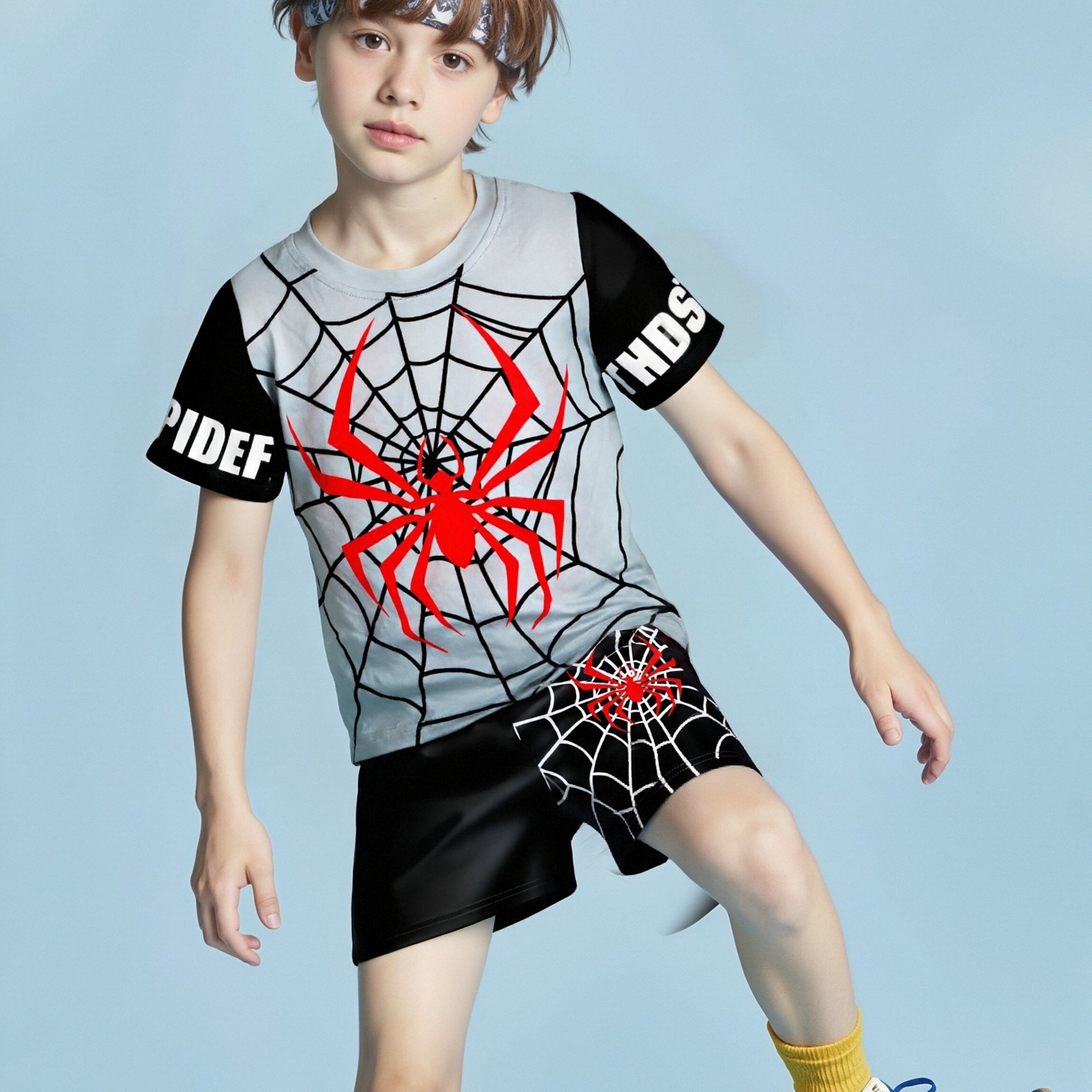 2pcs Boys Casual Cool Spider Graphic Print Short Sleeve T-shirt And Shorts Set, Comfy Summer Boys Clothes, For Outdoor
