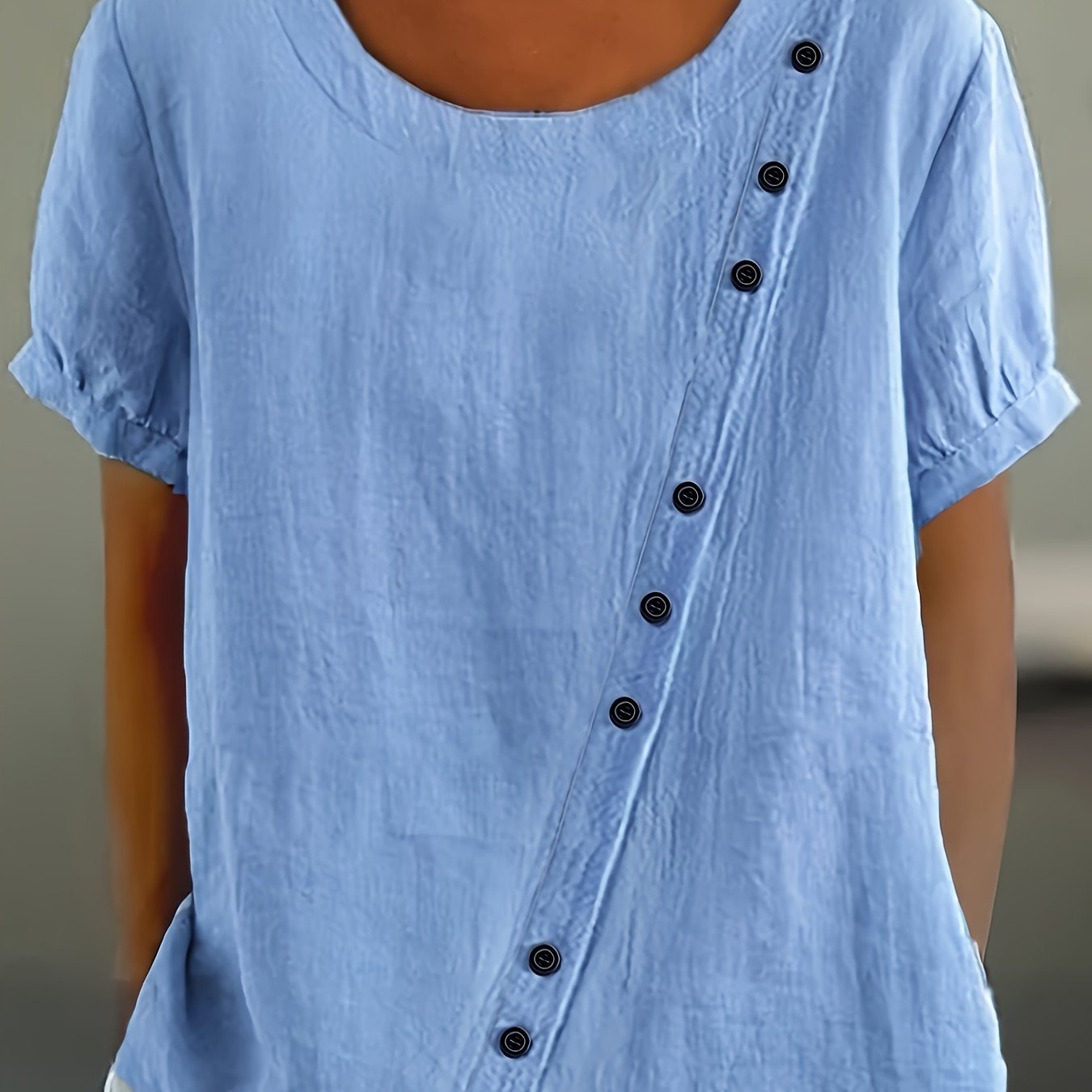 Image of Plus Size, Plus Size Women's Loose Fit Short Sleeve Shirt, Elegant And Chic Top With Asymmetrical Buttons + Round Neck, Versatile For Spring/summer Commuting And Dating