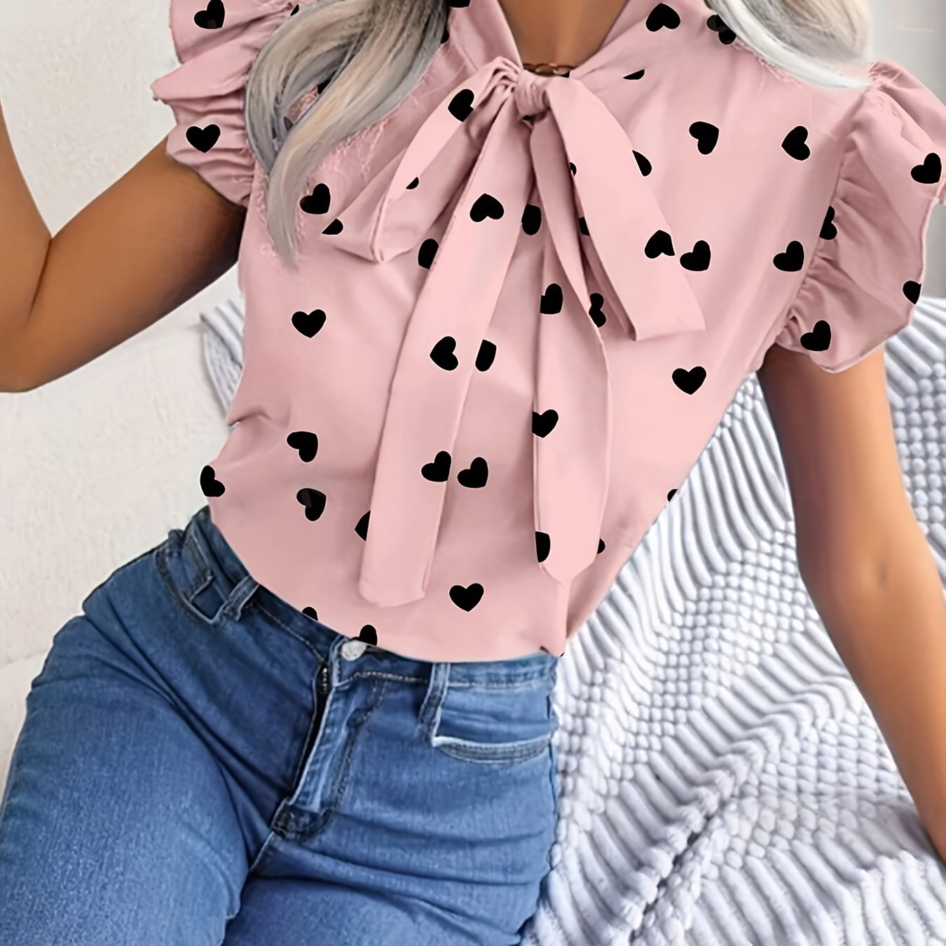 TEMU Blusa elegante para mujer con estampado de francés, detalles de volantes, cuello con , cortas, con diseño de negro, estilo y comodidad para ocasiones informales o formales, blusa de mujer.