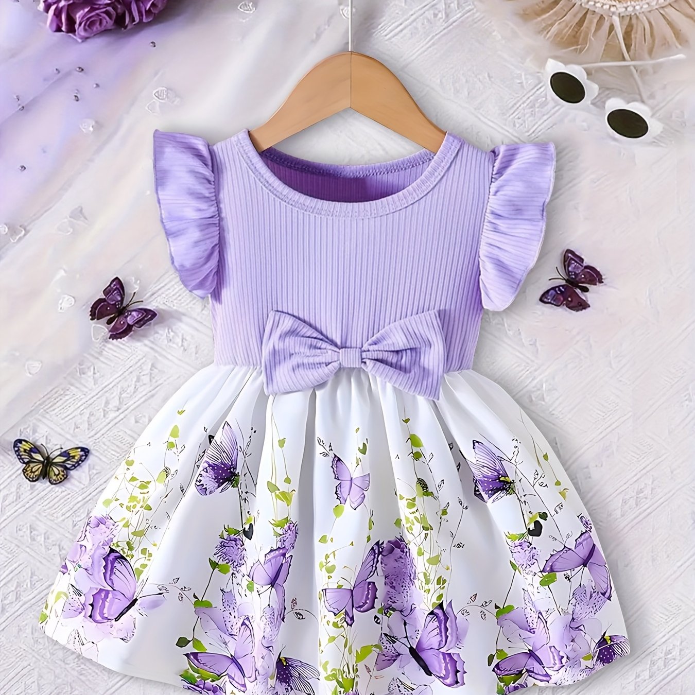 Single Piece Infant And Children's Clothing, Forest-style Print Girl Dress, Flutter Sleeves And Large Bow, Casual Dress Cute Floral Pattern Fashionable Girl Skirt, Girl's Clothing Gift
