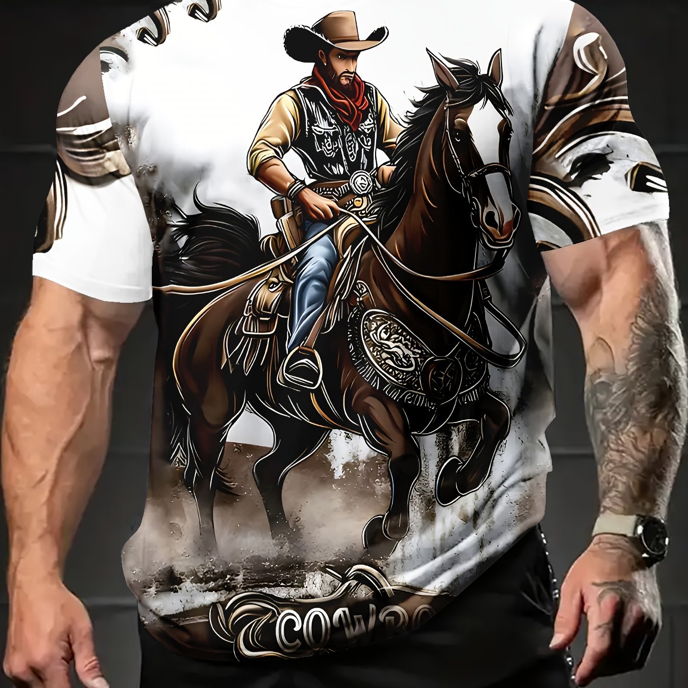 TEMU Men's Summer T-shirt With Cowboy Design, Casual Comfortable Short Sleeve Crew Neck Tee, Versatile Fashion Top For Casual Attire