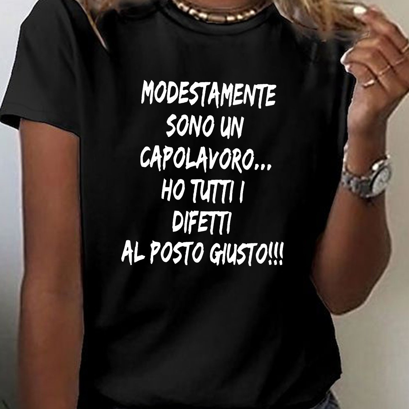 TEMU Fun Italian Print T-shirt, Short Sleeve Crew Neck Casual Top For Summer & Spring, Women's Clothing