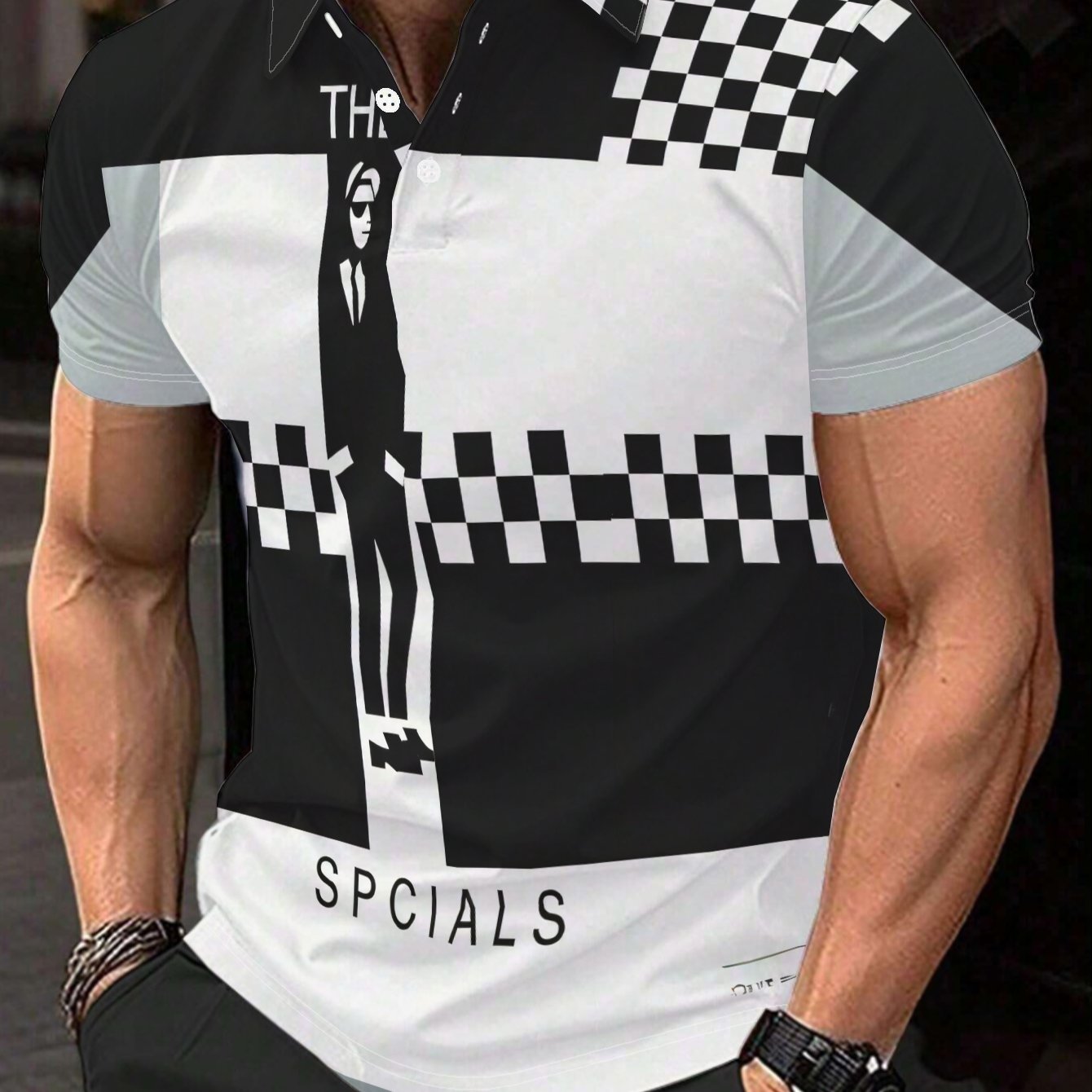 TEMU Men's Trendy Short-sleeve Shirt Featuring A Poster Of The Specials, With A Black, White, And Gray Incorporating Character Images - Exuding A