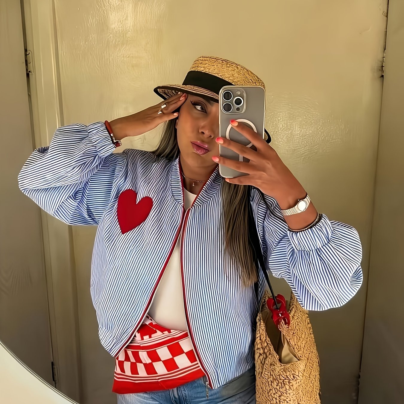TEMU Women's Lightweight Casual Blue Striped Cropped Jacket With Heart-shaped Patch, Suitable For Commuting And Vacation