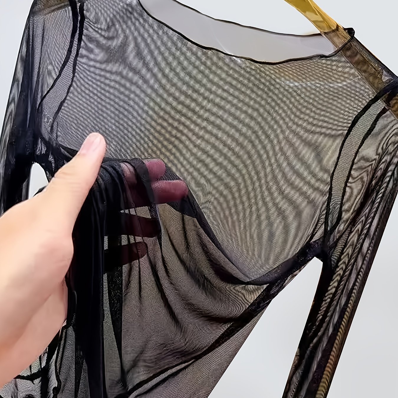 TEMU Sheer Mesh Blouse Top - Semi-sheer Lace Layering Shirt With High Elasticity, Loose- Style Suitable For Inner/outer Wear, Machine Washable Base