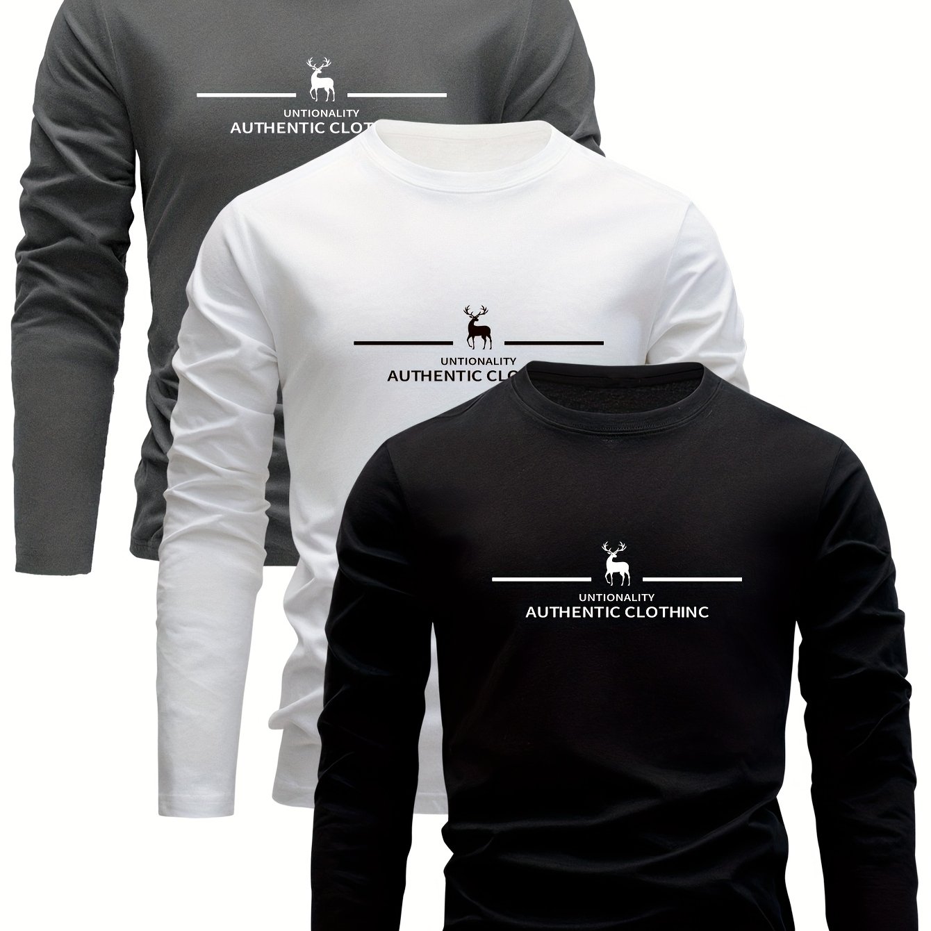 Image of 3pcs 100% Cotton T-shirts With Letter "n" Design For Neck - Long Sleeve Casual Tees Suitable For &, Soft Breathable Casual Attire, Hand Washable 3pcs Pack, Gift For Eld, Gift For Ramadan