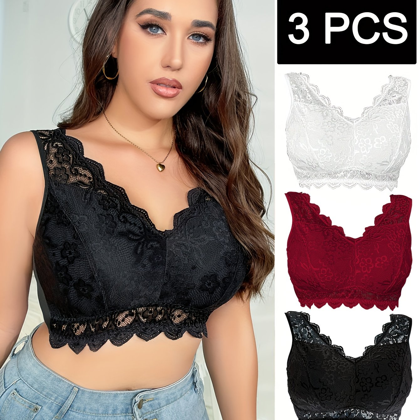 3pcs Plus Size Bra Women's Underwire-free Lingerie Lace Pattern Comfortable Breathable Bra Elegant Wearable Underwear (black White Burgundy)