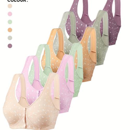 6pcs womens plus size front closure bra tank tops breathable lightweight and stylish with floral print soft fabric and adjustable straps for spring summer set floral print bra breathable bra