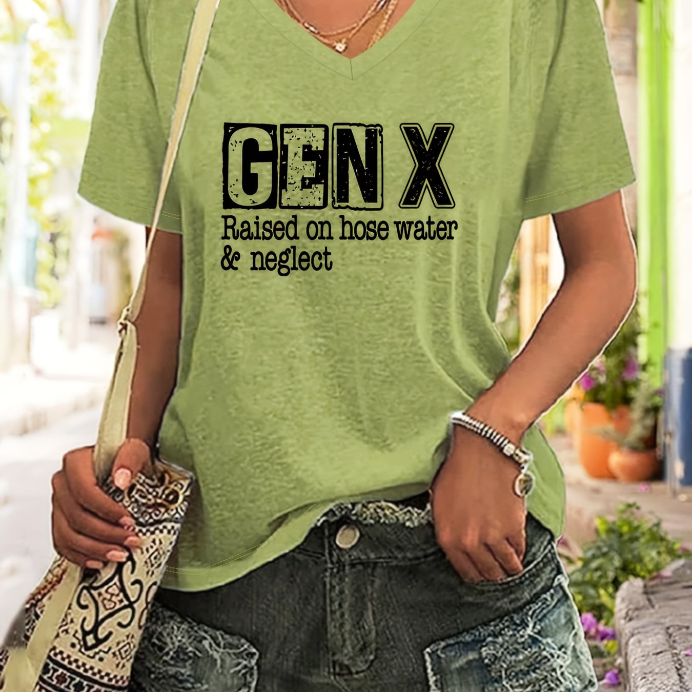 TEMU Plus Size Women' V-neck T-shirt - " Raised On Hose Water & " Letter Print, Stretchy Casual Short Sleeve Top, Machine Washable For Summer &
