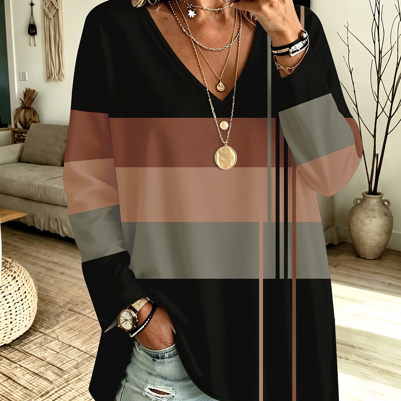 TEMU Plus Size, Plus Size Women's And Gray Contrast Color Horizontal And Vertical Stripe Print V-neck Long Sleeve T-shirt, Loose Fit And