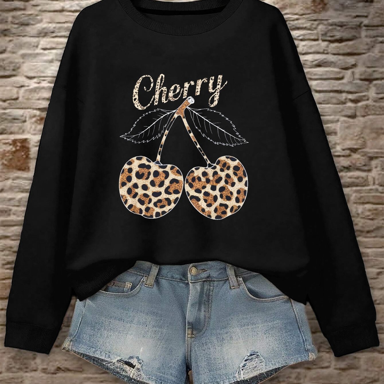 TEMU Cherries Leopard Sweatshirt, Crew Neck Casual Sweatshirt For Fall & Spring, Women's Clothing