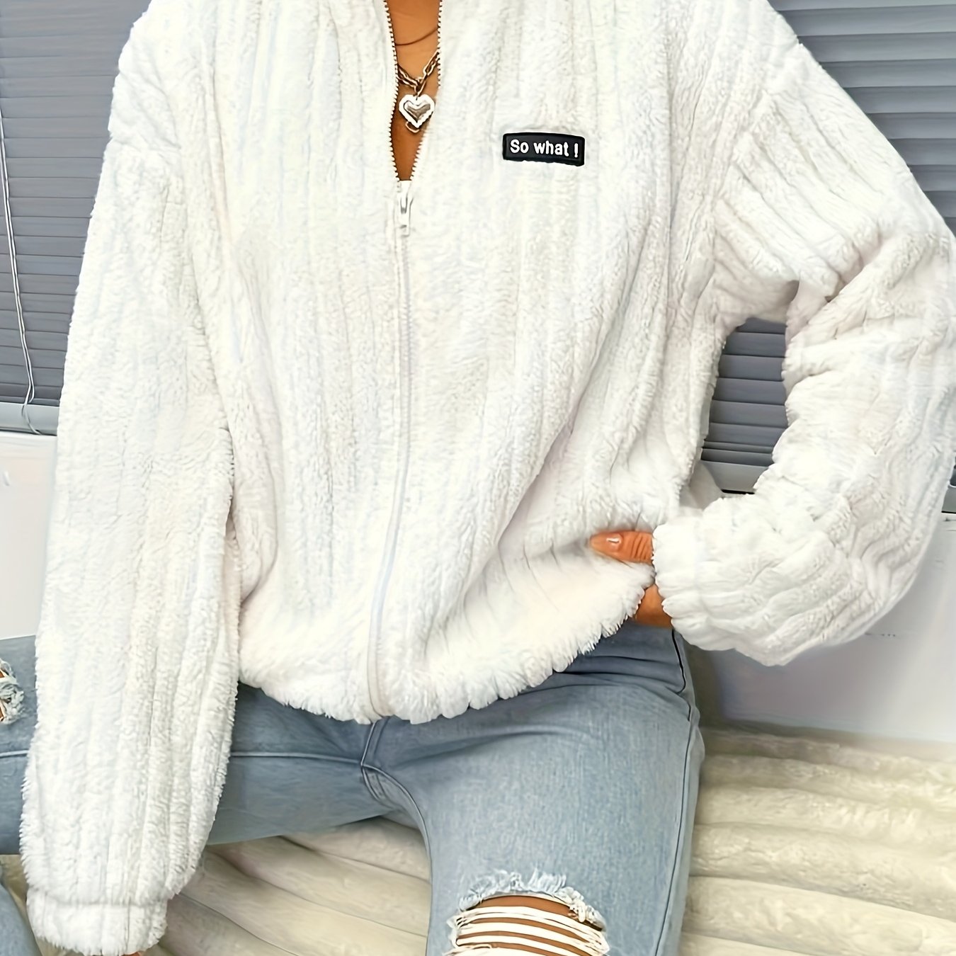 Image of Flirla Letter Patch Drop Shoulder Teddy Jacket