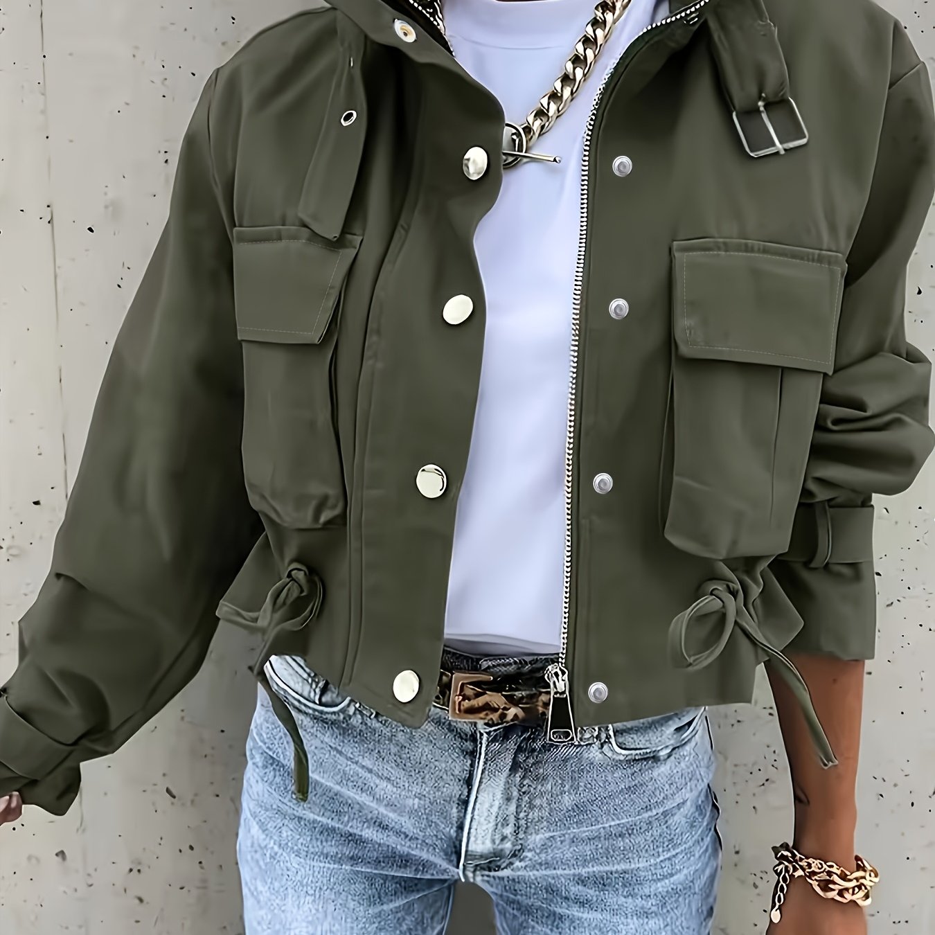 TEMU Fashion Casual Cargo Pocket Drawstring Long Sleeve Zipper Jacket Coat