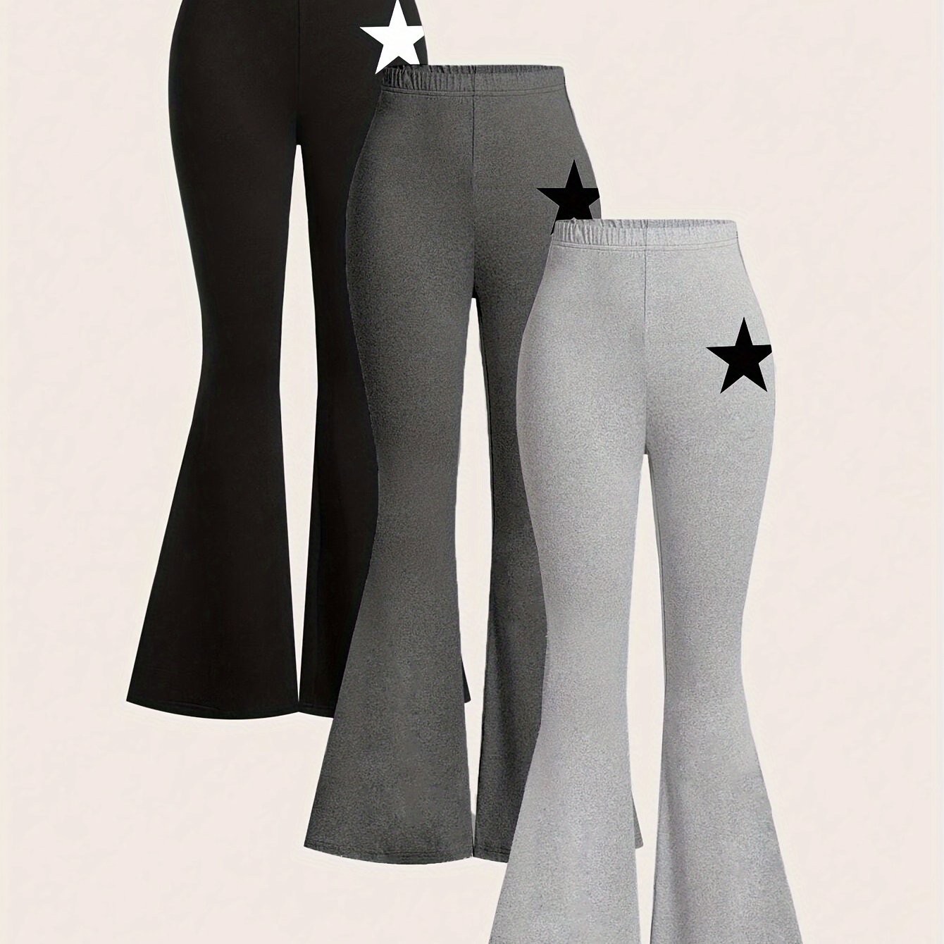 Image of 3pcs Set: Girls' Star Pattern Print And Heart Pattern Print Flared Pants, Girls' Elastic Comfortable Casual Flared Pants, Suitable 3 And Up, For Outdoor, Christmas, Halloween