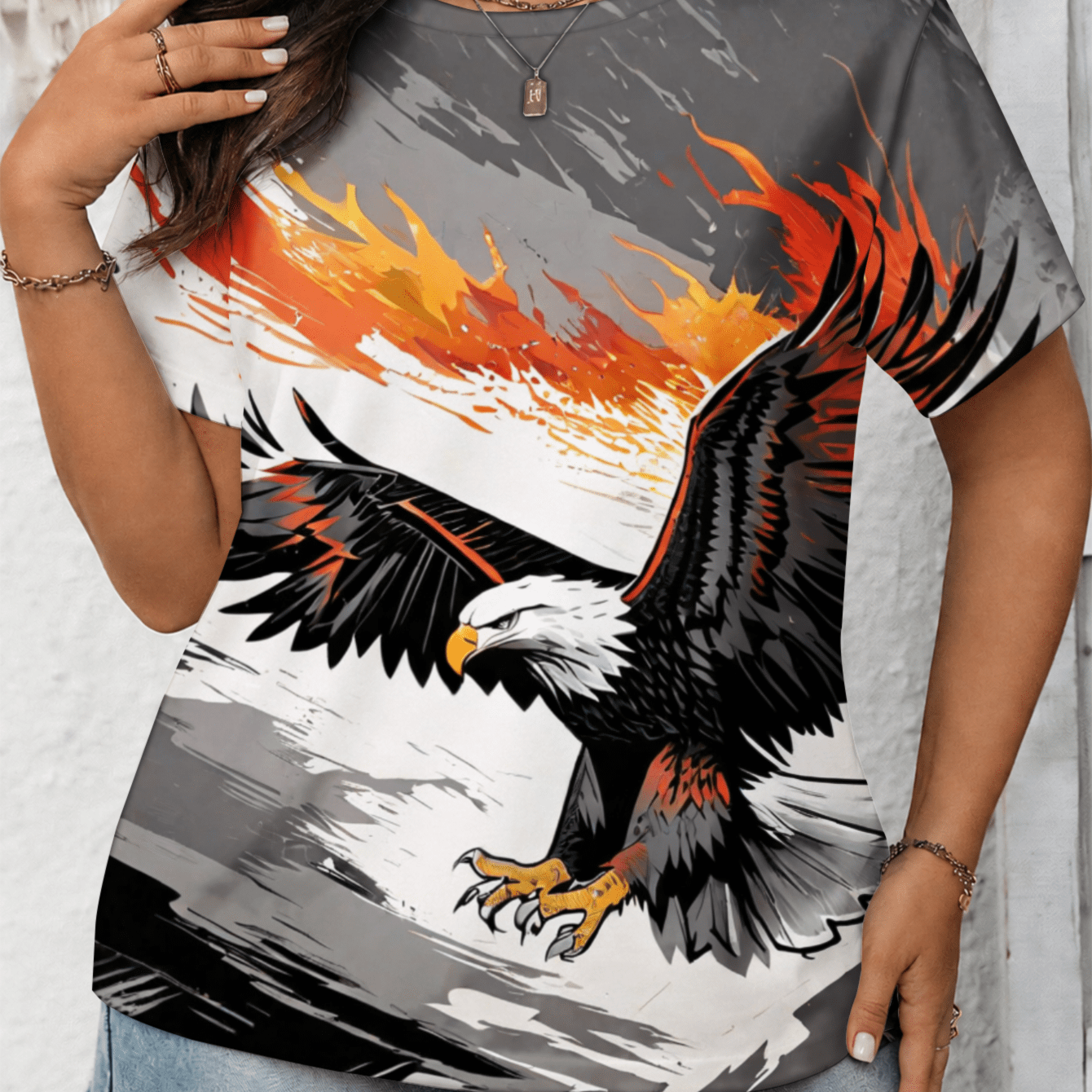 Image of Plus Size, 0-9xl Plus Size Eagle With Flames Graphic Print Women's Summer T-shirt Outdoor S Machine Washable Comfortable Fabrics Suitable For Spring, Summer, And Autumn