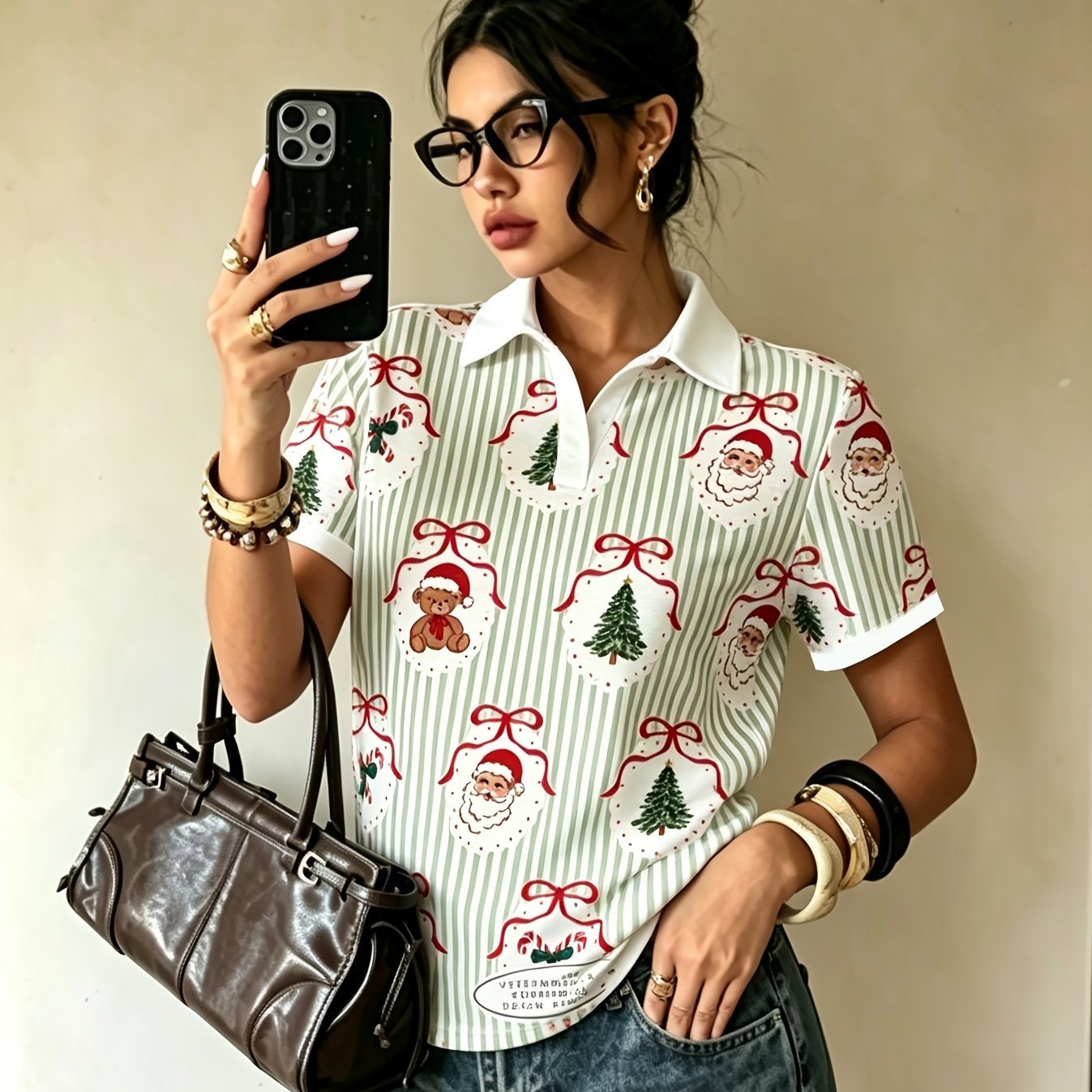 TEMU [printed Design - Not Textured] Women' Lapel Shirt, Light Green Striped Christmas Bear And Christmas Tree Print Top, Korean Style Christmas