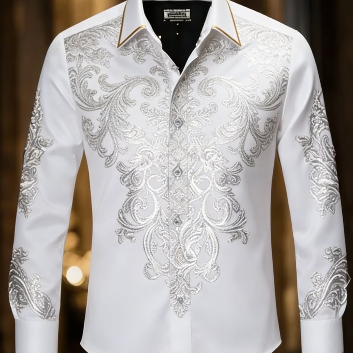 Image of Valentine's Day Dating, Vintage Court Jacquard Long Sleeve Shirt, White Hit Silvery