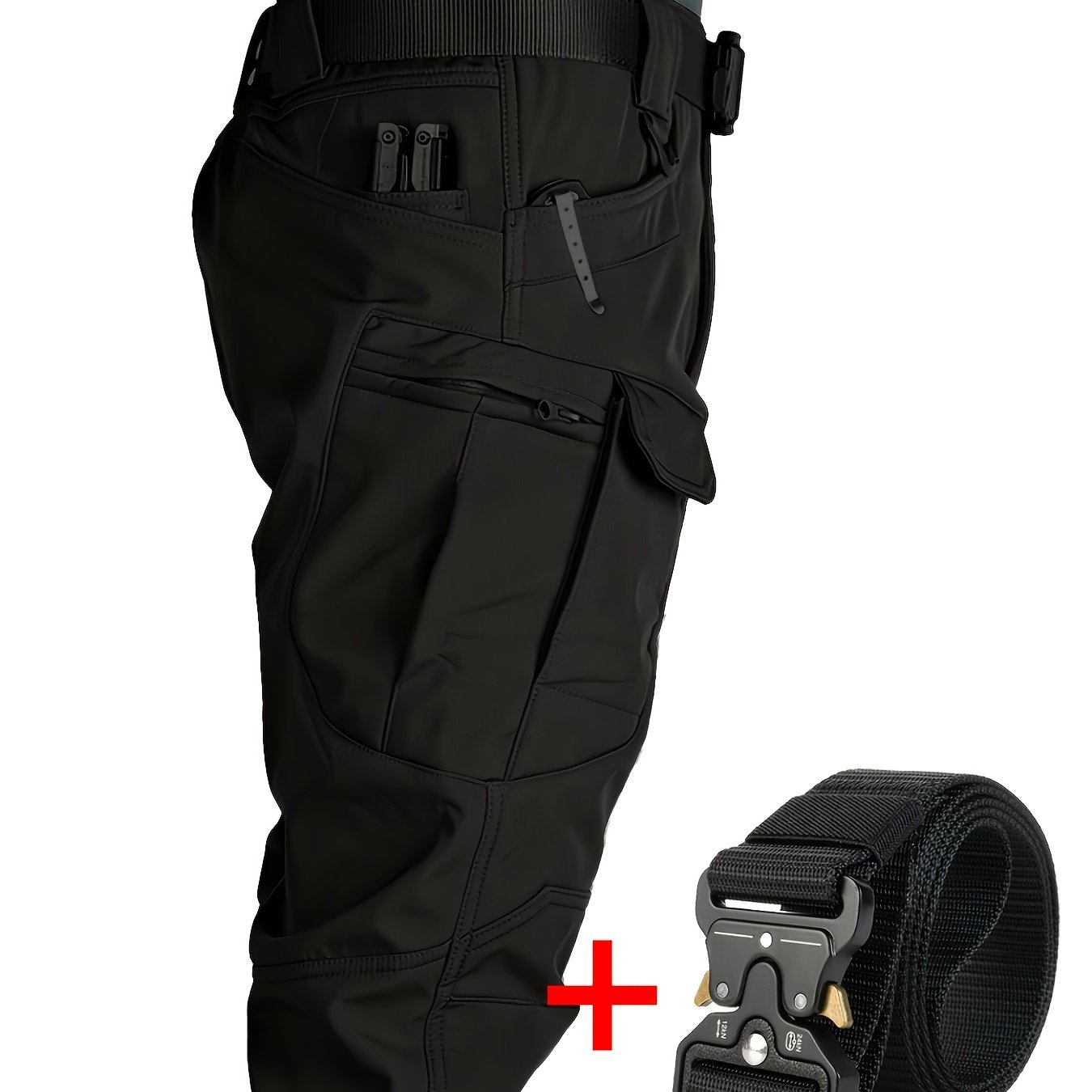 E-shop 1 Taktische Cargo Hose für Herren + 1 Schwarzes Gürtel, Multi-Pocket Freizeitstil, Leicht dehnbarer Kompositstoff, Unifarben, Weich und