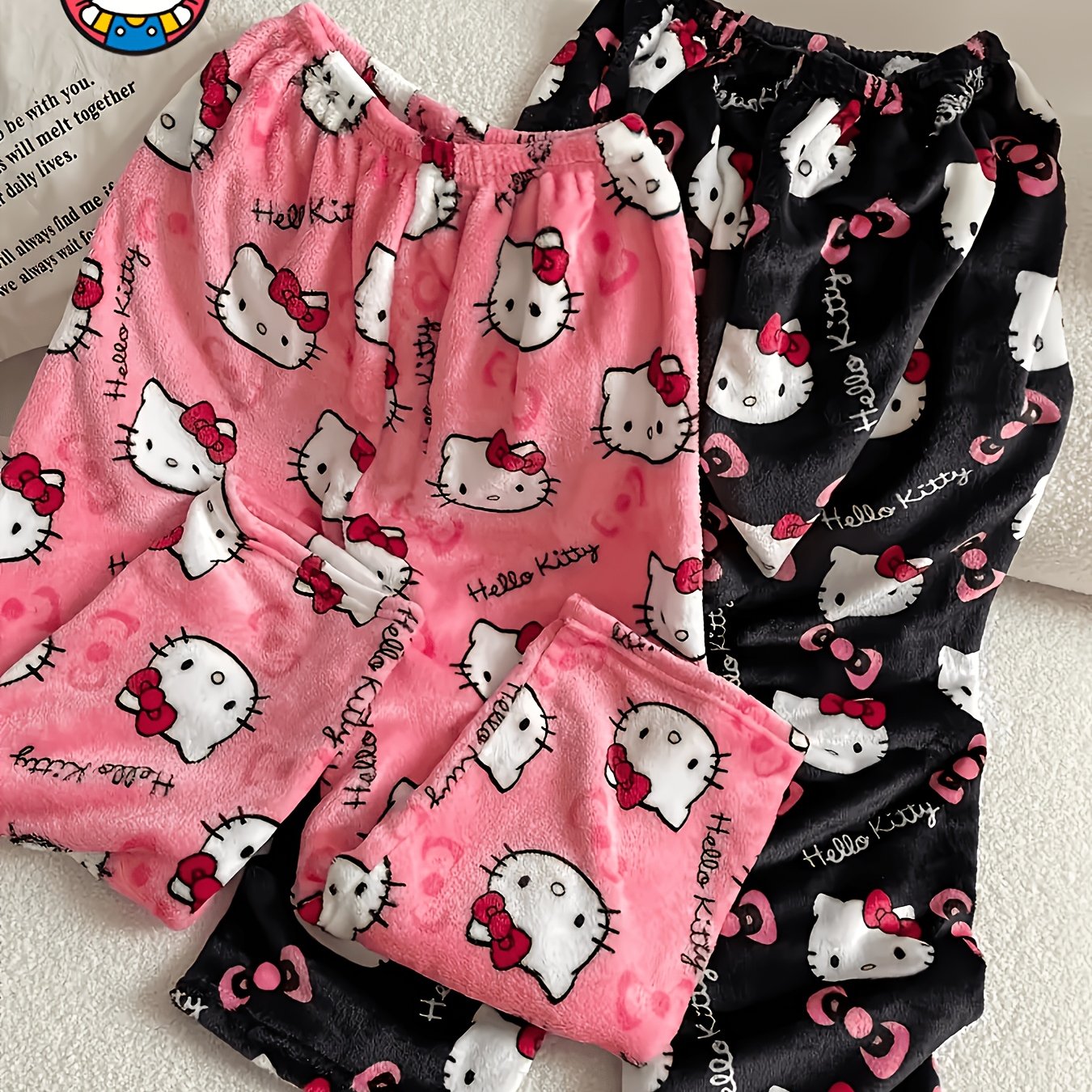 Image of 2pcs Hello Kitty Cute Cartoon Print Pattern | Fleece Warm Autumn Winter Women's Set | Soft And Comfortable | Bestie Birthday Gift Recommendation (black/pink/magenta)