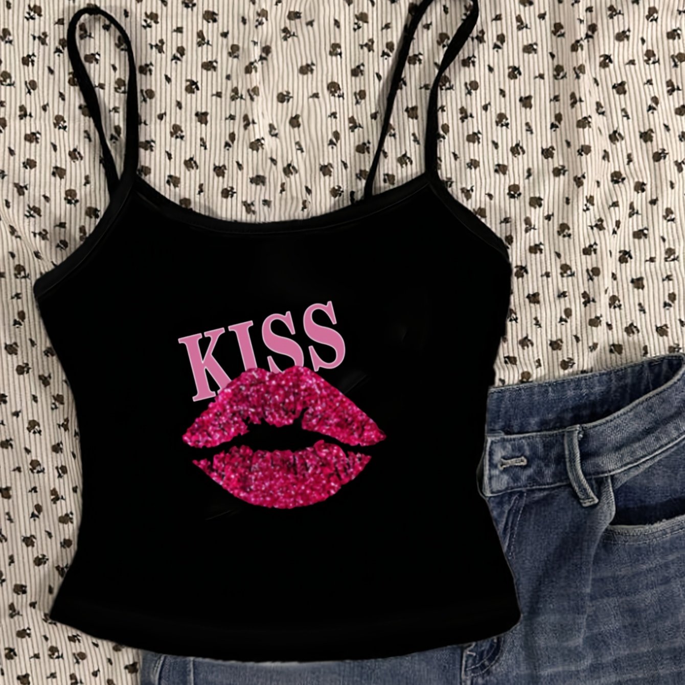 TEMU [printed Design – Not Textured] Spicy Aesthetic Mini Cami Top, Body Kiss English With Pattern, Mini Cami For Layering And Casual Outfits, Spring