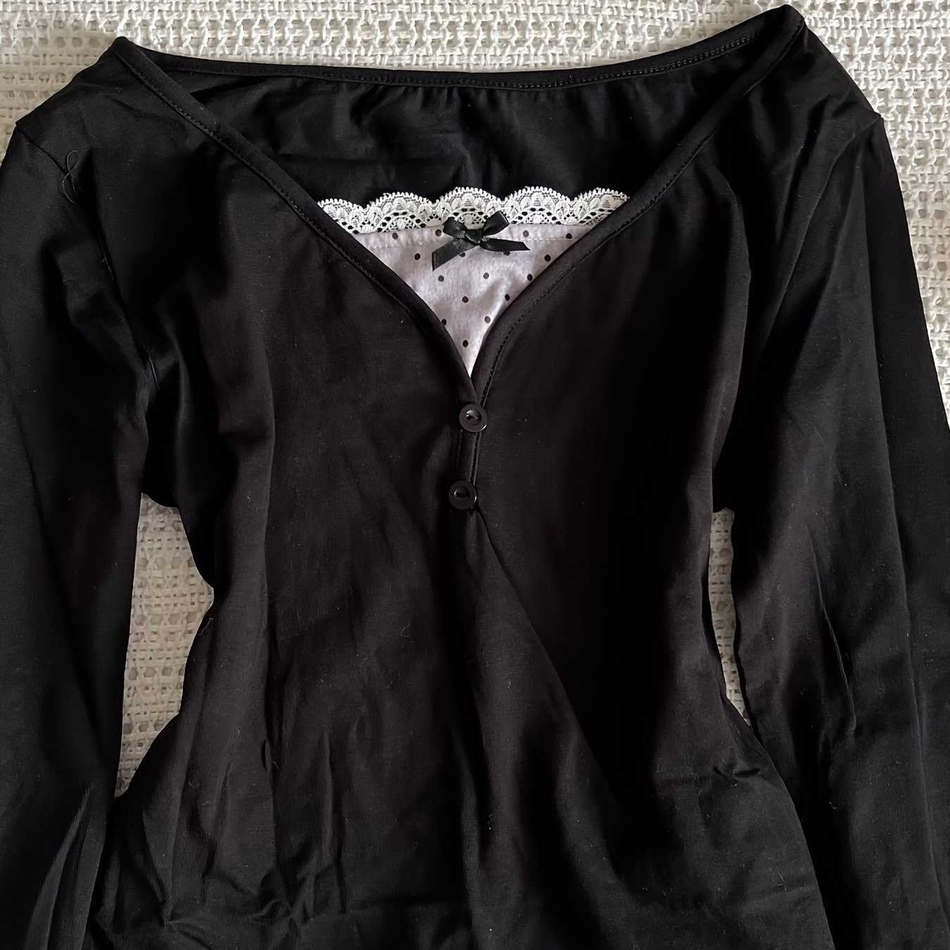 TEMU Y2K Kleines V-Ausschnitt Color-Block Polka Dot Langarm T-Shirt (Niannian)