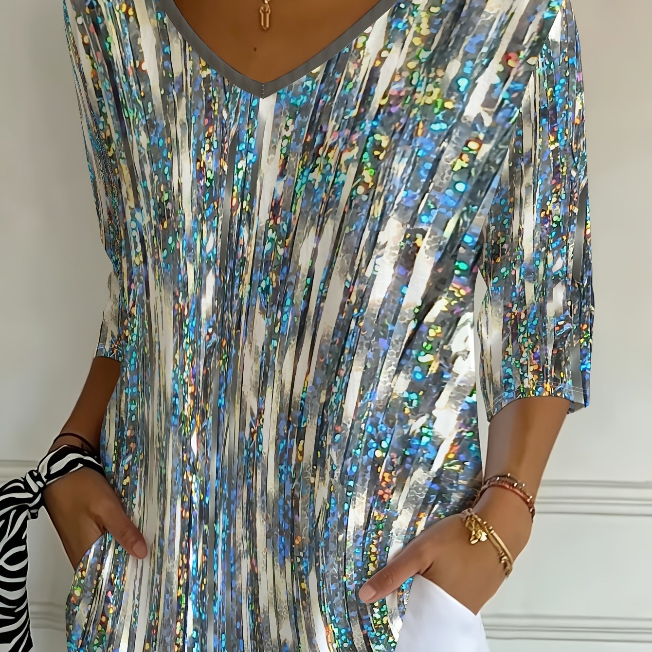 TEMU 3/4 Sleeve V-neck T-shirt Plus Size Women's Clothing, Silvery Blue Flowing Vertical Stripe Print, Fabric Spring Autumn Versatile