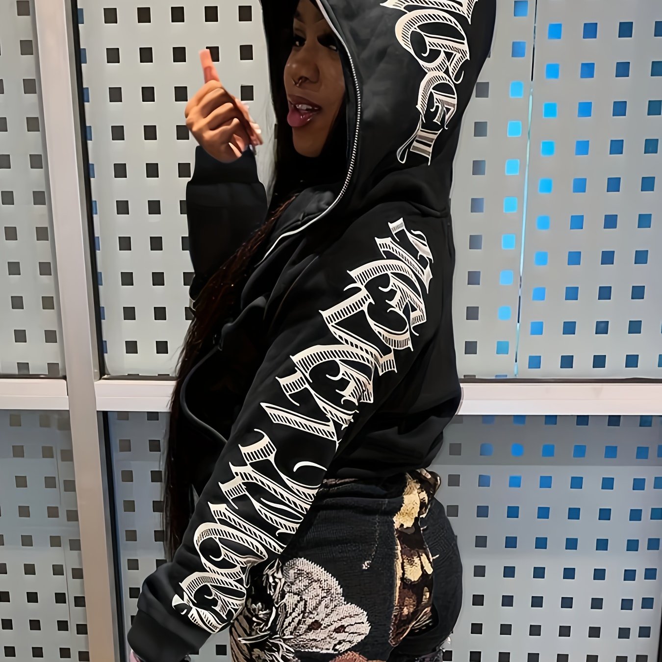 Plus Size Y2k Sports Top, Women's Plus Art Letter Print Long Sleeve Zip Up  Hooded Slight Stretch Sports Sweater With Kangaroo Pockets