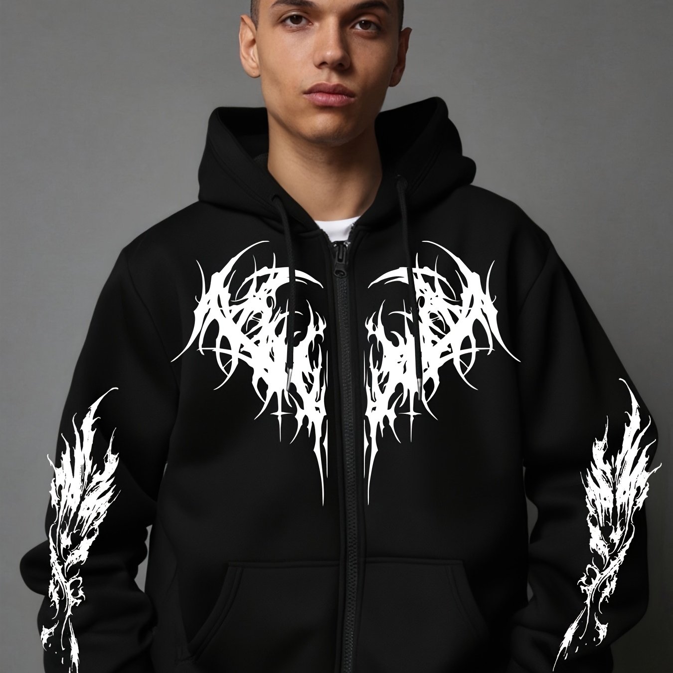 TEMU Men's Gothic Dark Style Printed Zip-up Hoodie, A Fashionable Streetwear Zip-up Hoodie Suitable For Casual Occasions, To Pair With Trendy Outfits