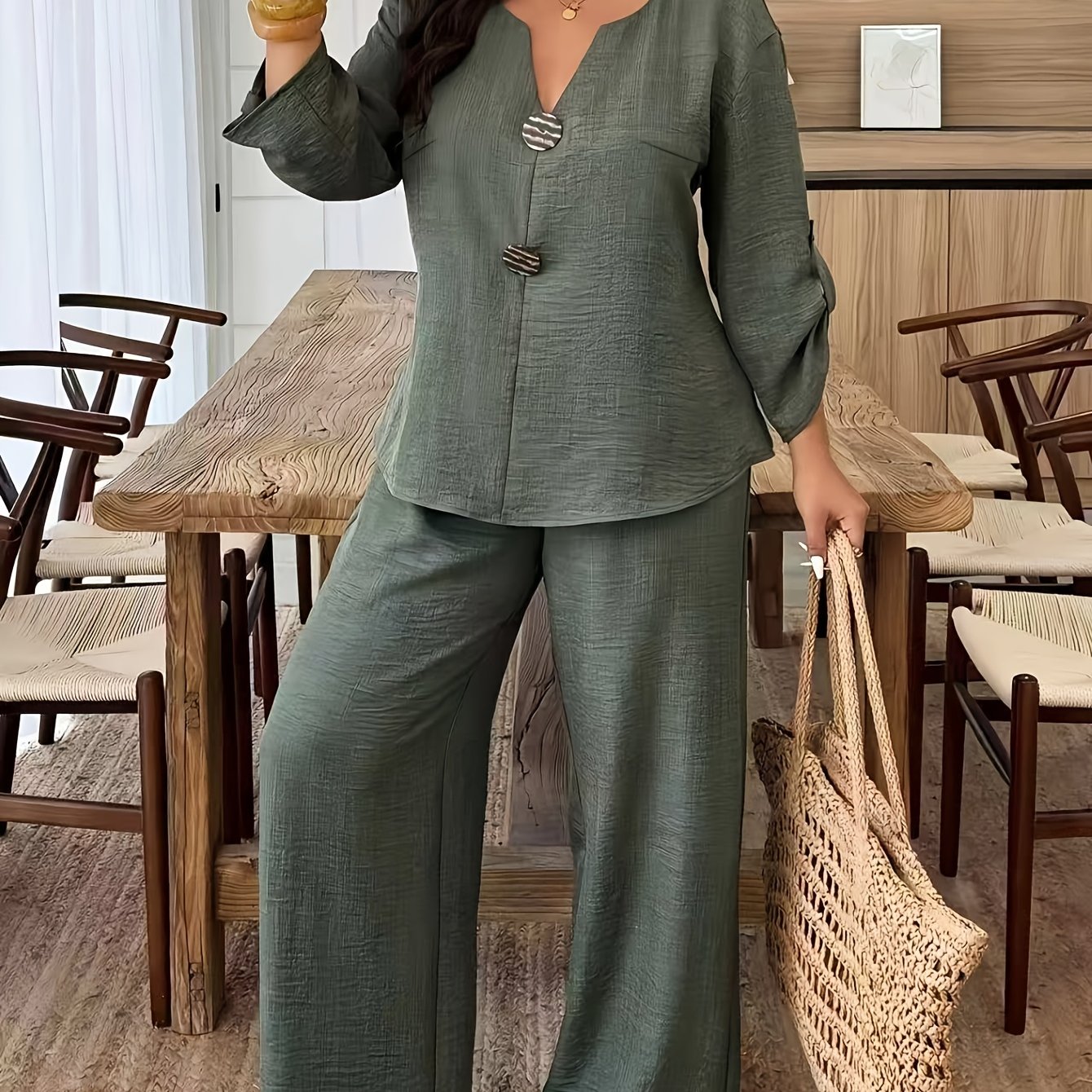 TEMU Plus Size, 2026 Spring/summer New Arrival European And Women's Fashionable And Elegant 2pcs Set With Long Pants, Plus Size Set