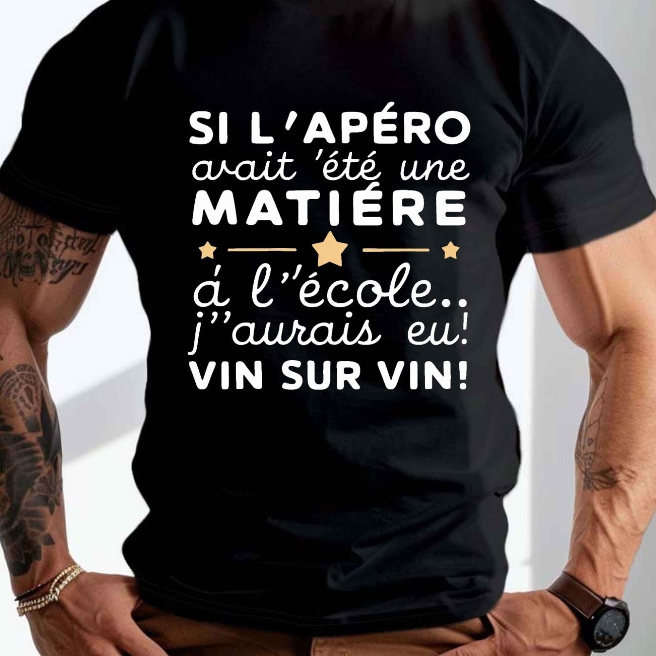 TEMU T-shirt "" pour homme | Noir décontracté | Impression humoristique de française | Col rond, manches courtes | Lavable en machine et | Vêtement