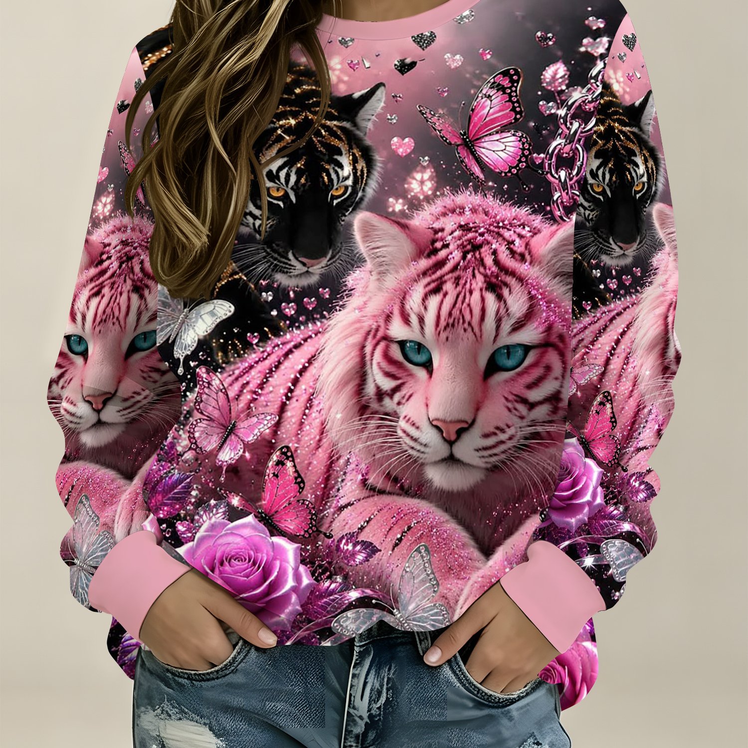 TEMU Tiger Pink Rose Heart Sweet Animal Print Round Neck Long Sleeve Women's Casual Sweatshirt