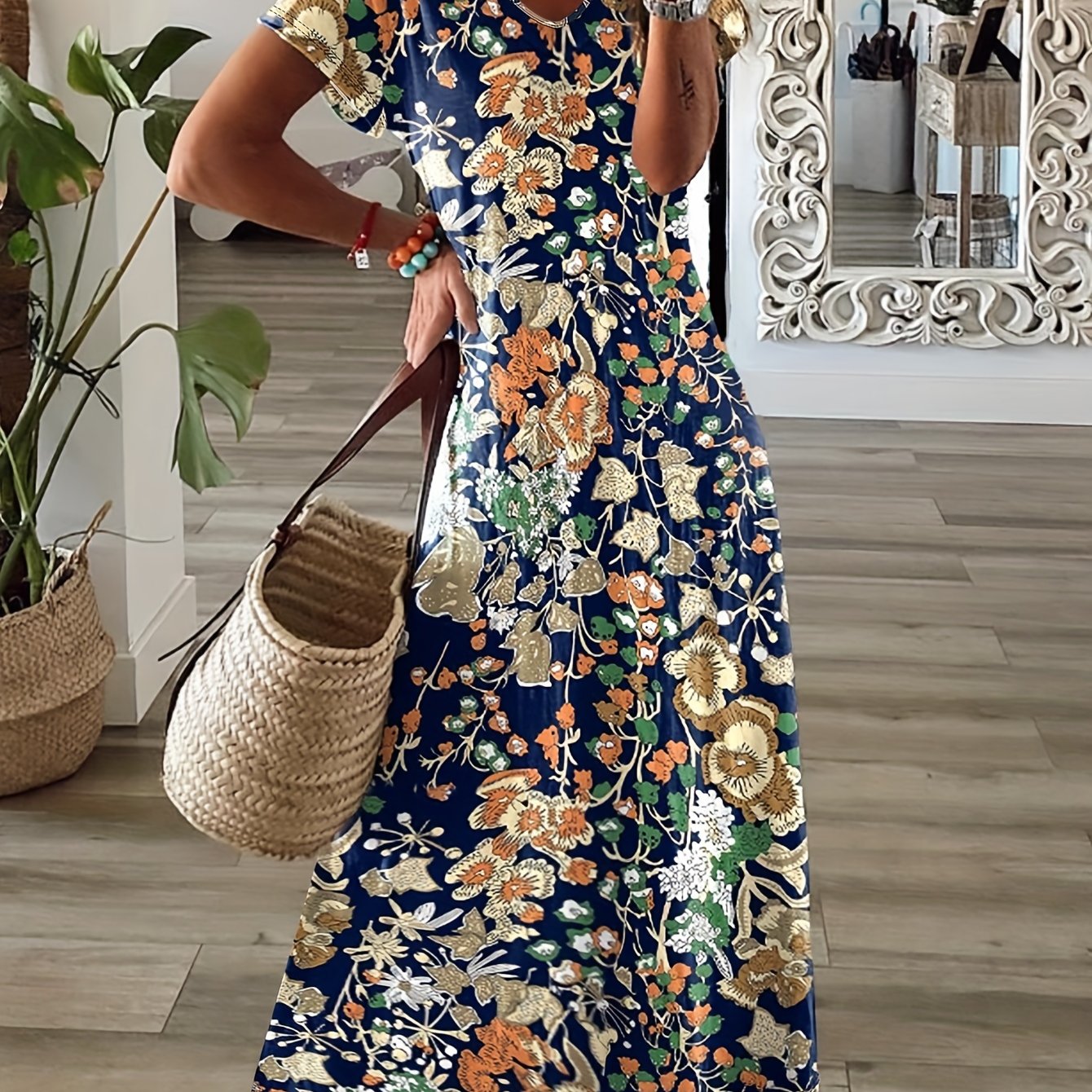 TEMU Vestido Con Estampado Floral En Todo El Cuerpo, Vestido Maxi, Casual Y De Manga Corta, Ropa De Mujer