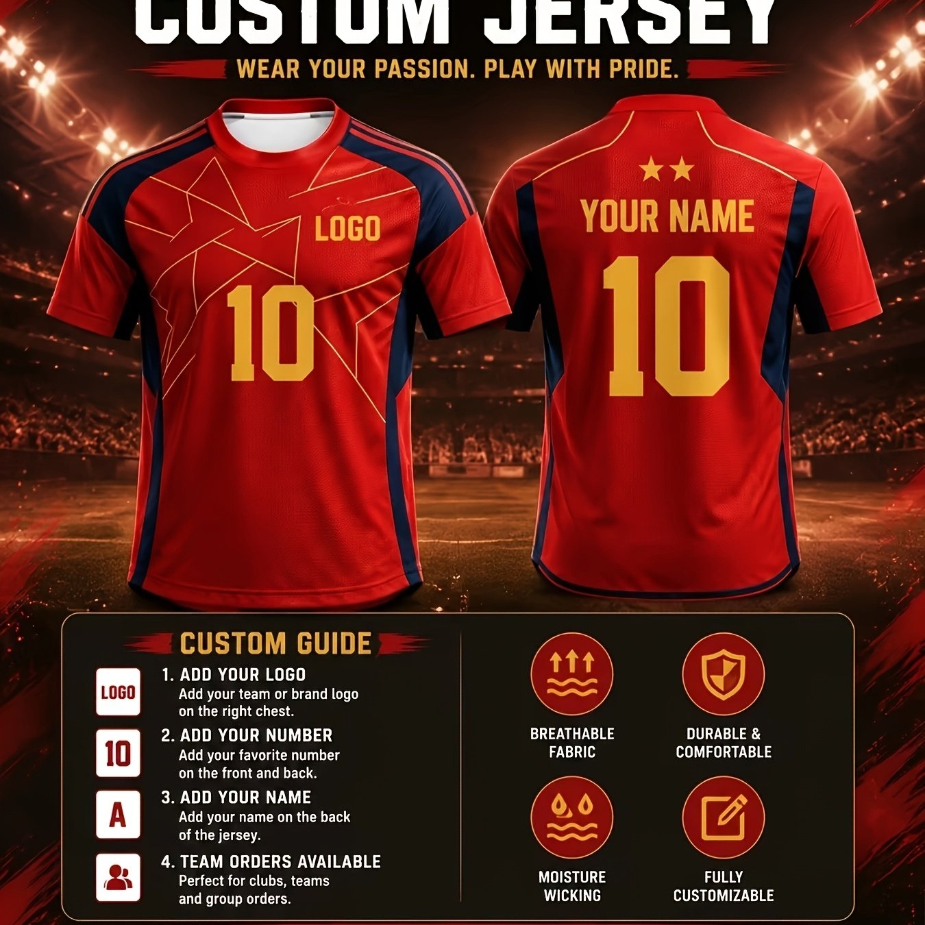 TEMU Spanish Red Body Navy Blue Raglan Crew Neck Short Sleeve Football Jersey With Golden Geometric Print, Customizable With Logo, Name, And Number,