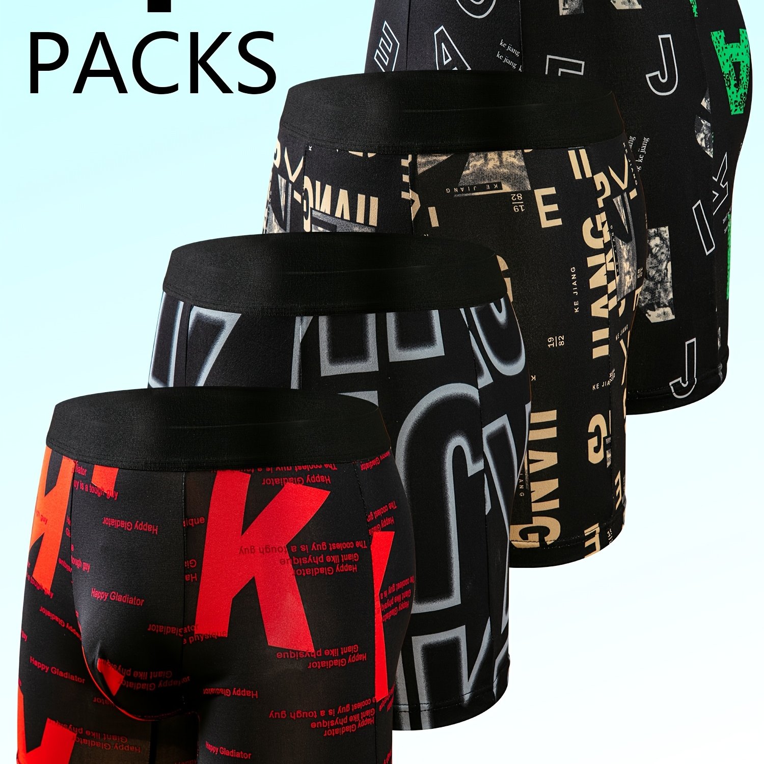 TEMU 4pcs Men's Long Leg Letter Printed Boxer Briefs, High Stretch Extended Length Underwear, Athletic & Daily Casual Stretch Underpants