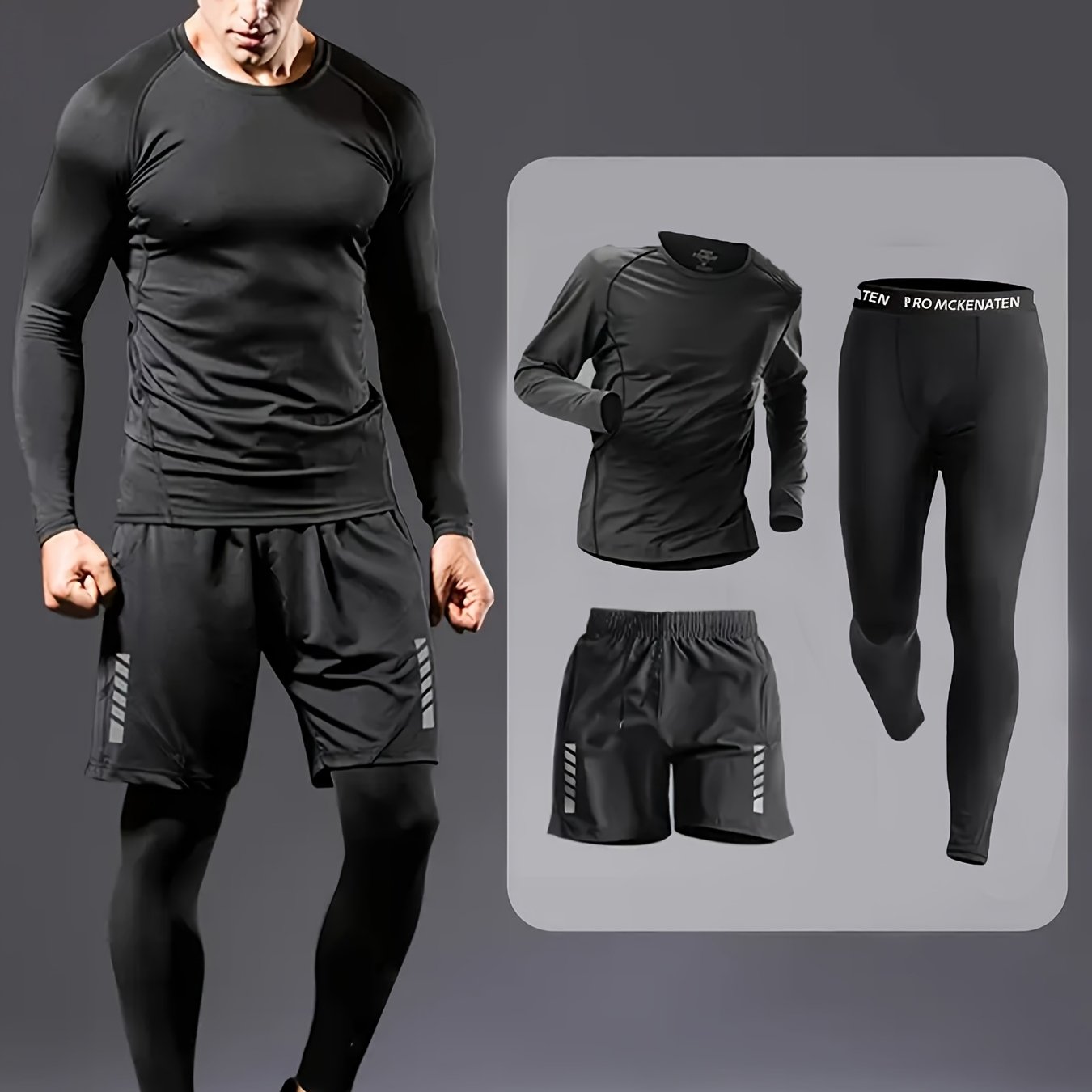 E-shop Herren Fitnessanzug Dreiteiliges Set, Elastisches Schnelltrocknendes Training, Lange Ärmel mit Langhose und einem Paar Shorts, Geeignet für