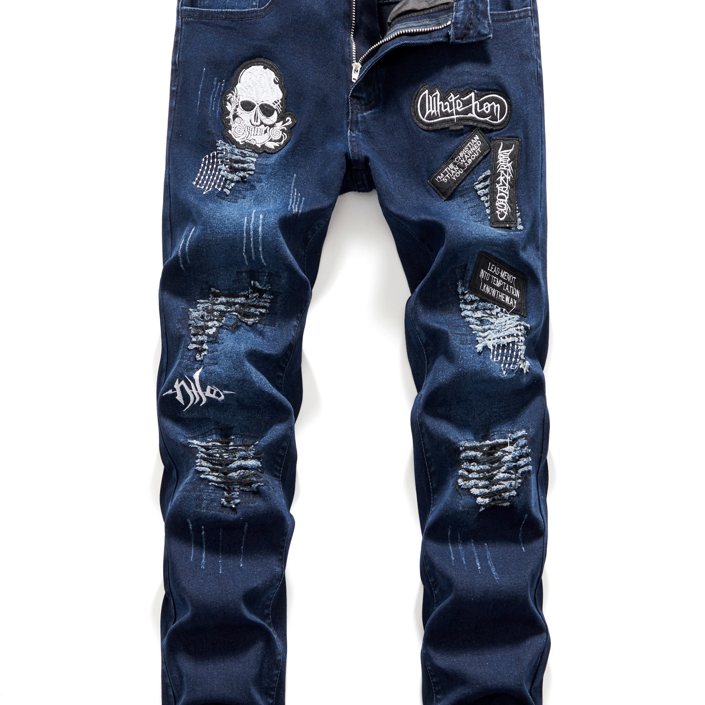 men's casual skull embroidery jeans street style stretch - Temu