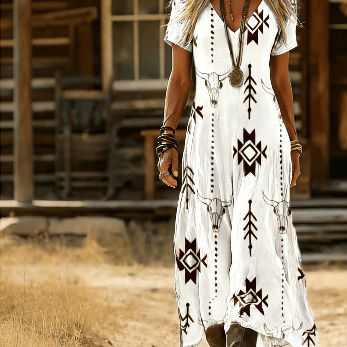 Image of Spring And Summer -neck Women's Long Dress, Retro Ethnic Simple Printed Short-sleeve Western Cowboy Style Long Dress, Elastic Material, Comfortable Casual Women's Dress, Machine Washable