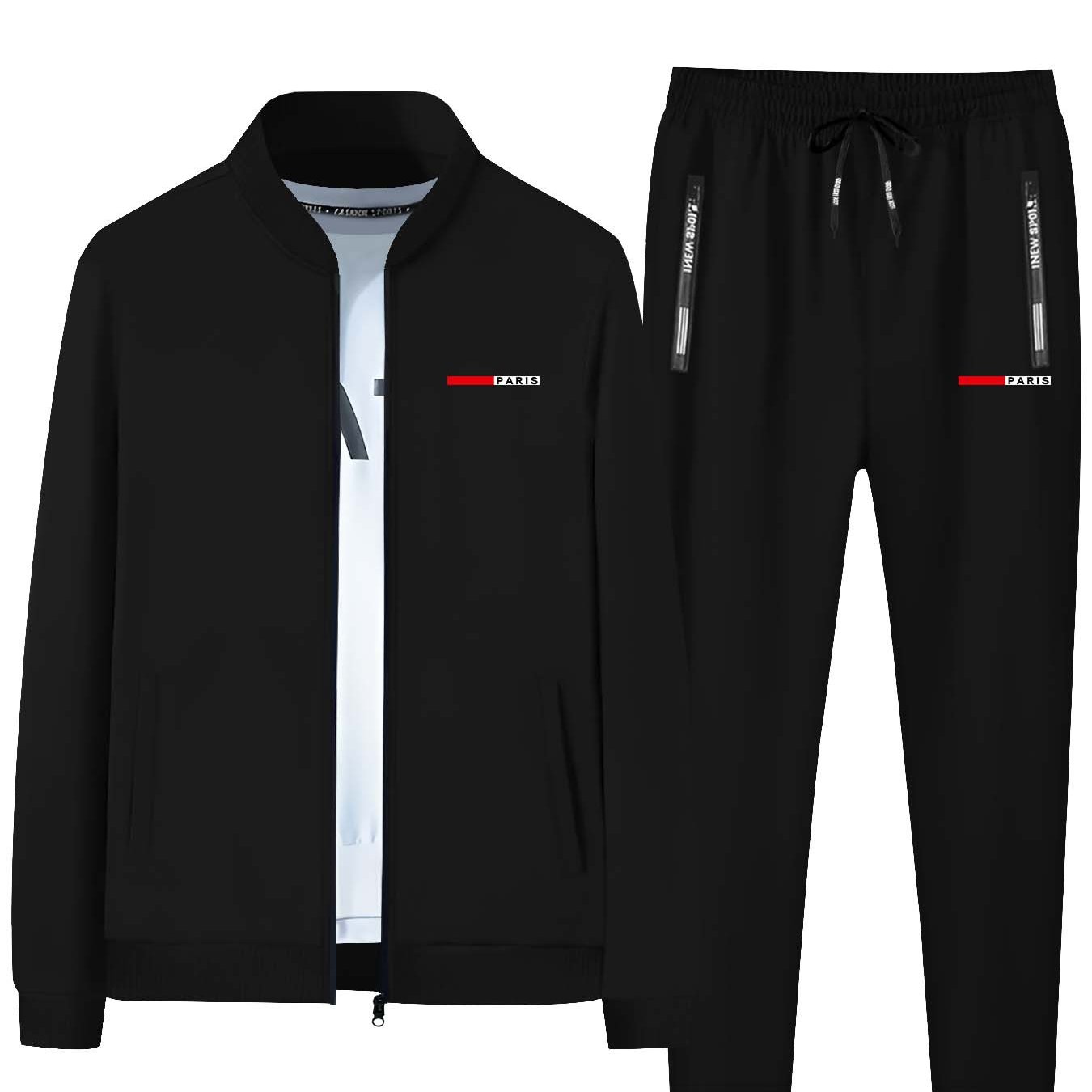 TEMU Men's Casual Sportswear Set - Slim Fit Printed Jacket & Pants, Zip-up Stand Collar, Machine Washable - Perfect For Fall/winter