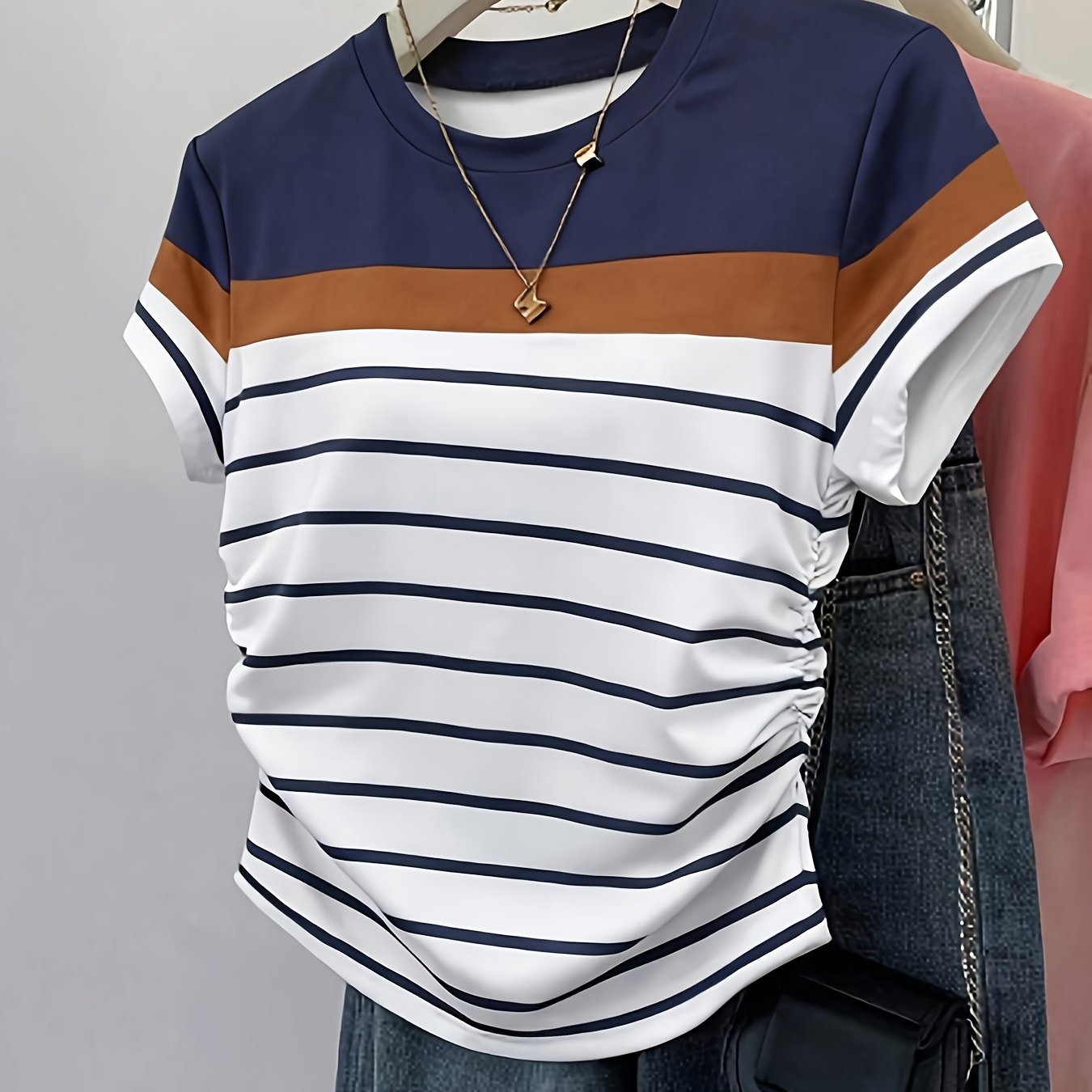 TEMU Plus Size, Women's Fashion Striped Pleated T-shirt