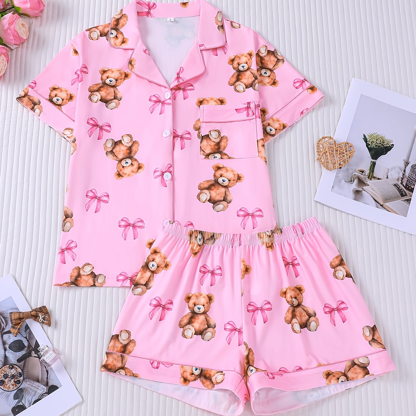 TEMU Women's Pajamas Casual Suit Fashion Foundation Makeup Teddy Bear Bow Full Printed Short Sleeved Shorts Comfortable Lapel Cardigan Button Design