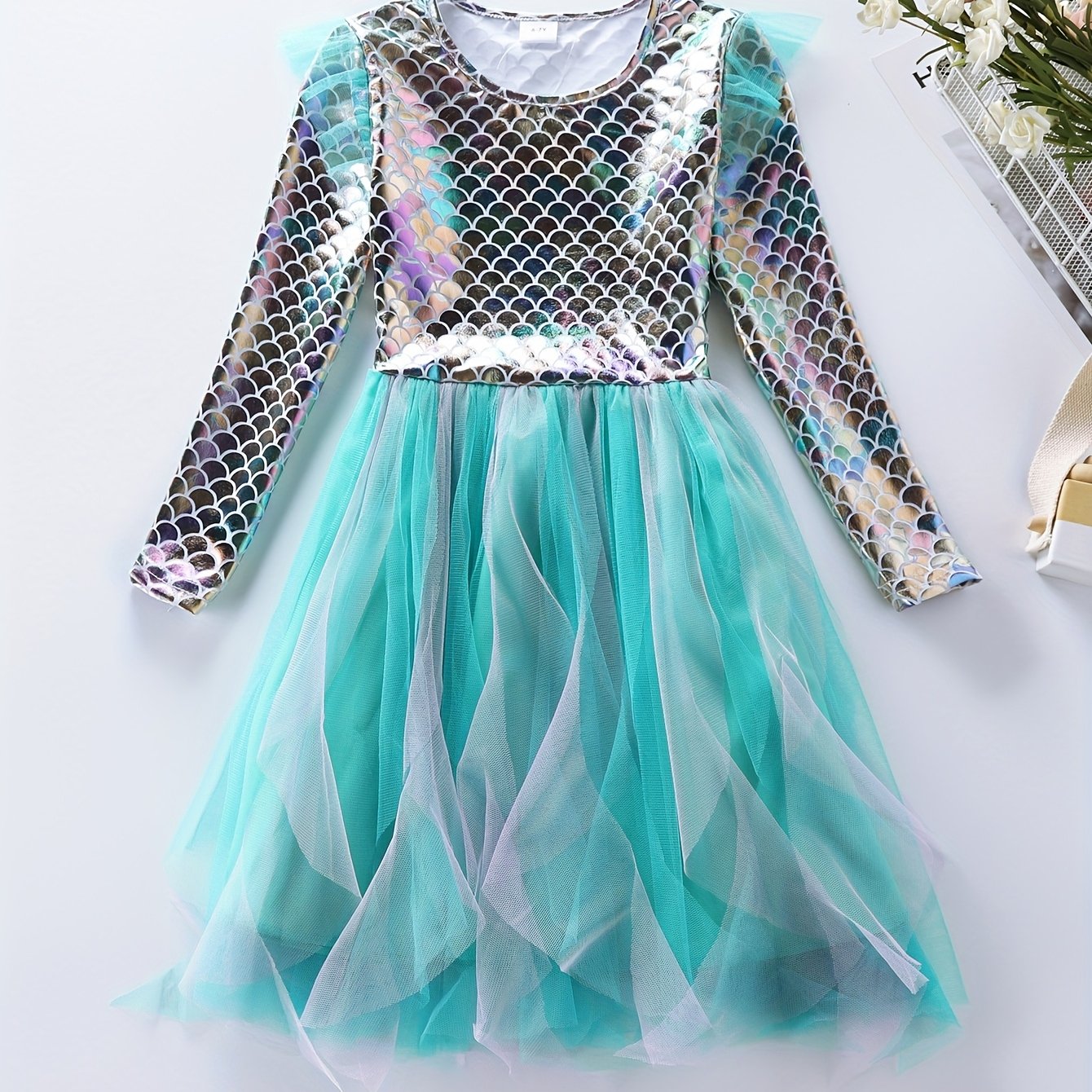 Image of Girls' Fashionable Long-sleeve Dress For Autumn/winter Parties, Birthdays, And Holiday , Featuring Iridescent Fish Scale Gradient Mesh, Lh1725 (fish Scale Random)