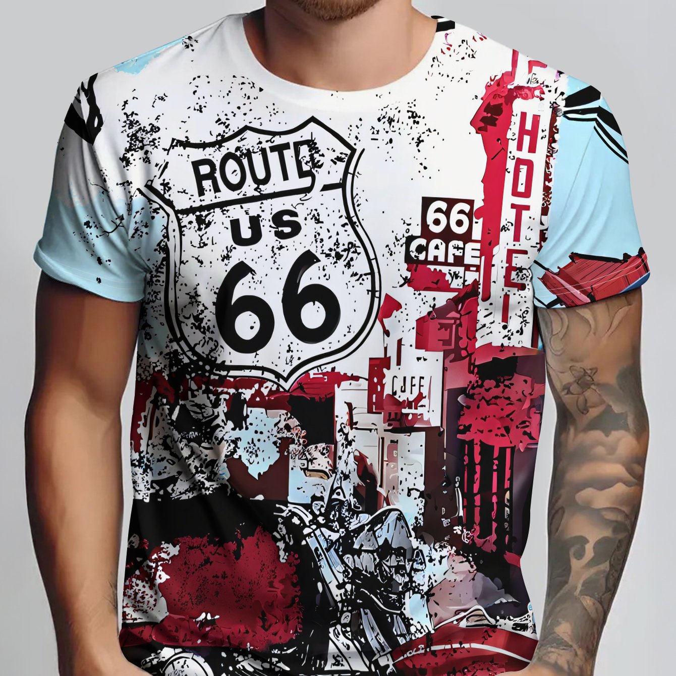 TEMU Men's Route Themed Printed T-shirt, Featuring Motorcycle And Architectural Elements