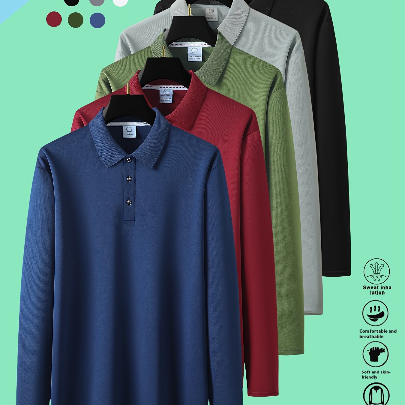 TEMU Juego de 5 polos de larga para hombre para y otoño, color liso con placa , polo multicolor, ropa deportiva casual, superior para hombre. Muy