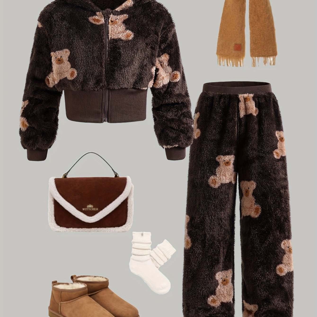 Image of Girls' Autumn/winter 2pcs Set: Zip-front Hooded Jacket And Cute, Fashionable, Sweet 2pcs Warm Outfit, Perfect For Outdoor,christmas,halloween