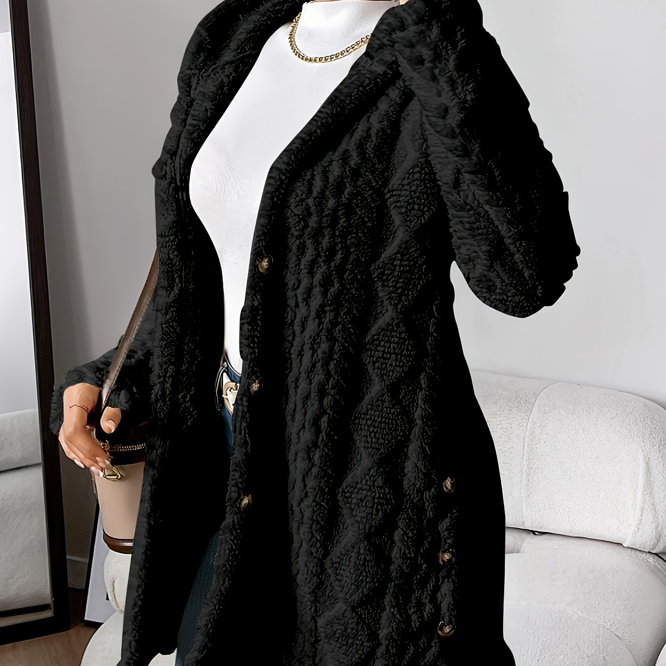 TEMU Autumn-winter Jacquard Plush Hooded Cardigan Coat