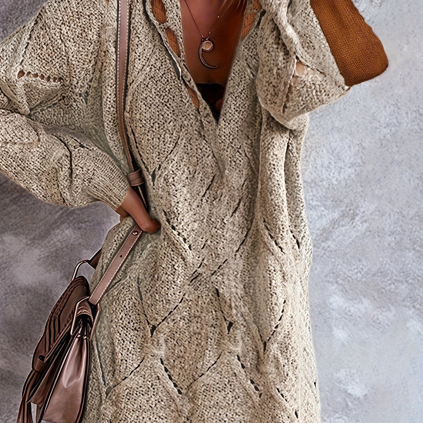Tailored Design Women's Long Hooded V-neck Hollow Out Long Sleeve Dress