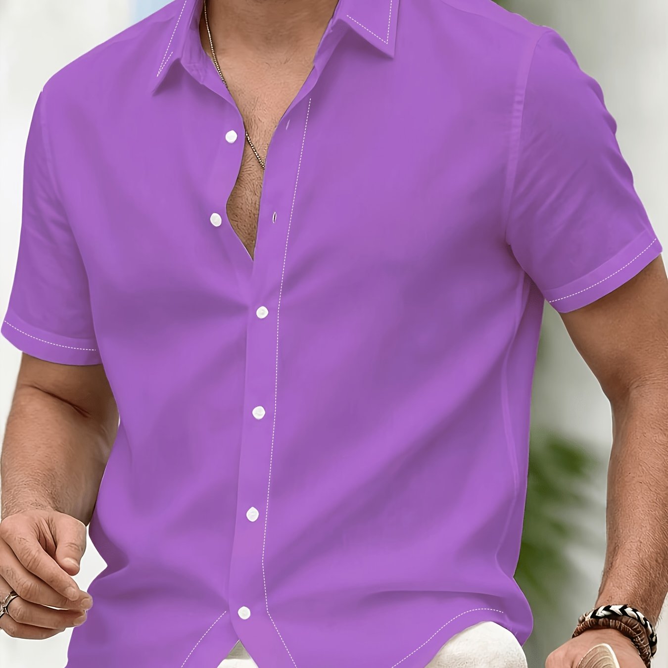 TEMU Hawaiian Style Shirt, Men's Casual Dark Violet Short Sleeve Shirt, Button-up Collar Design, Comfortable And Soft Fabric, Casual Wear, Beach