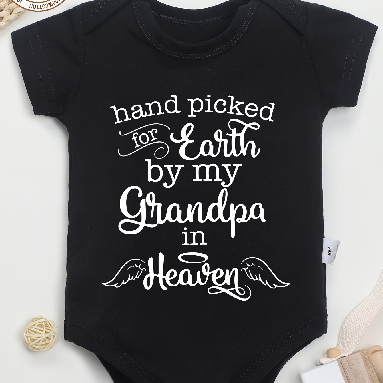 TEMU 100% Cotton Baby Onesies Hand By My Grandpa In Heaven Letter Print Soft Versatile Round Neck Baby Onesies