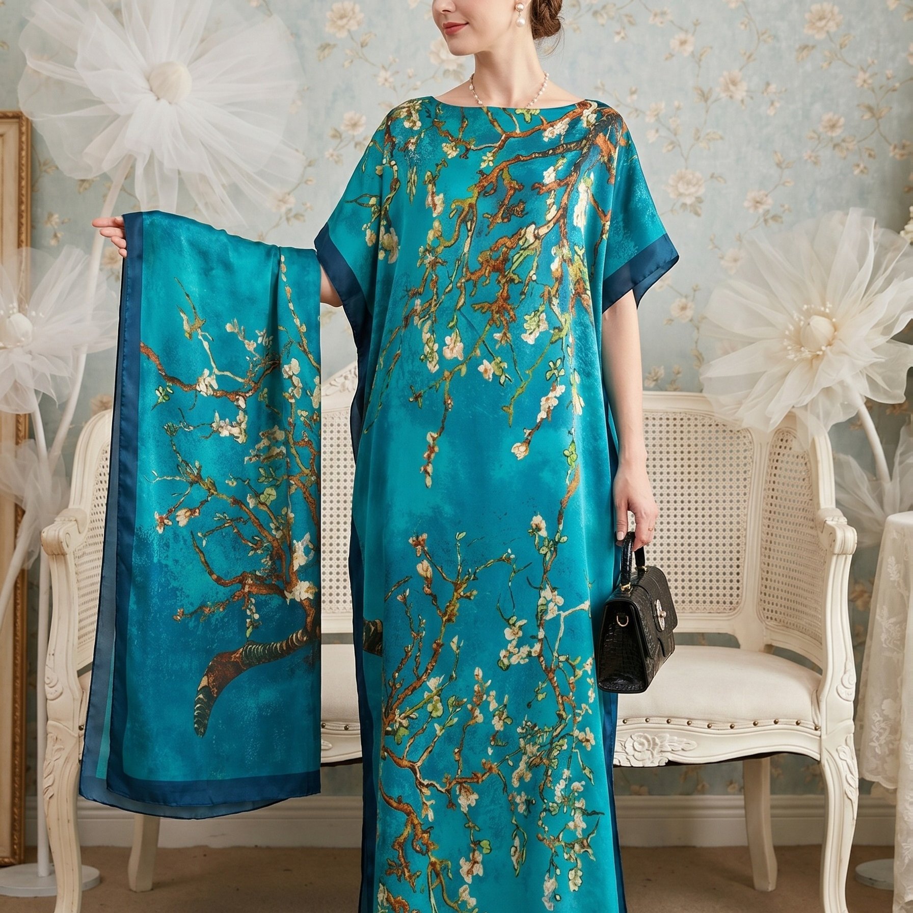 TEMU Grande Taille - Grande Taille - Robe Caftan Grande Taille pour Femmes avec Châle Assorti, Robe Longue Florale Vert Bleu Prune, Robe de Plage